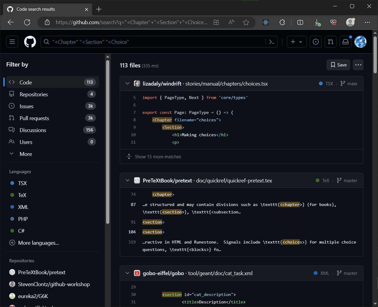 GitHub search results